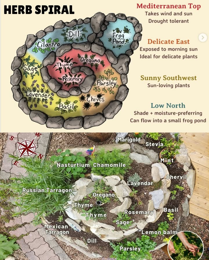Herb Spiral: Smart, Space-Saving Garden Design  
A permaculture classic that creates ideal microclimates for herbs! 

 Top = sunniest, driest zone rosemary, thyme, lavender  
 Base = cooler, moisture-rich zone mint, parsley, lemon balm  
 Southwest slope for heat-lovers  
 Northeast side stays shaded and humid  

Grow a variety of culinary & medicinal herbs: oregano, sage, basil, dill, tarragon, chervil, marigold, chamomile. 

Enjoy a compact layout that supports biodiversity and year-round harvests! 

#HerbSpiral  #PermacultureGarden