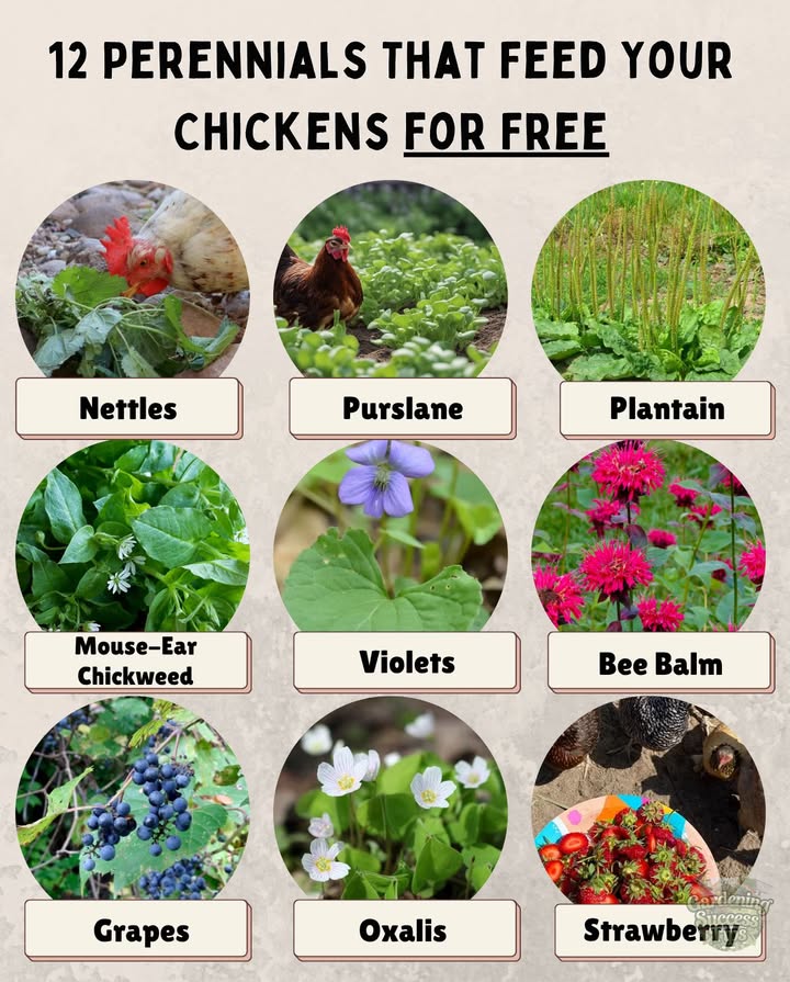 Naturally Feed Your Chickens with These 12 Perennial Weeds! 

These hardy plants grow on their own and provide consistent nutrition for your backyard flock:

1. Nettles  High in minerals for laying hens
2. Purslane  Omega-3-rich succulent leaves
3. Plantain  Edible, soothing leaves
4. Mouse-Ear Chickweed  Tender greens they love
5. Violets  Mild and nutrient-rich
6. Bee Balm  Aromatic and pollinator-friendly
7. Grapes  Fruit and shade from the vines
8. Strawberries  Sweet groundcover rewards
9. Oxalis Yellow Wood Sorrel  Tart leaves they enjoy
10. Perennial Clover  Protein-packed ground cover
11. Dandelion  Edible leaves, flowers, and roots 
12. Raspberry & Blackberry  Antioxidant-rich foraged treats 

These perennials regenerate each year, cutting feed costs while boosting your flocks diet!