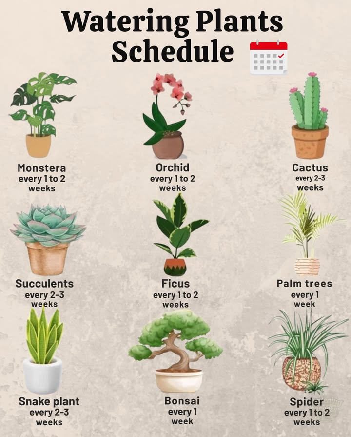 華 Easy watering rhythm for happy plants:

 Monstera, Orchid, Ficus, and Spider Plant prefer a drink every 12 weeks
 Cactus, Succulents, and Snake Plant thrive with watering every 23 weeks
 Palm Trees and Bonsai enjoy weekly hydration

Consistent timing keeps roots strong and growth steady