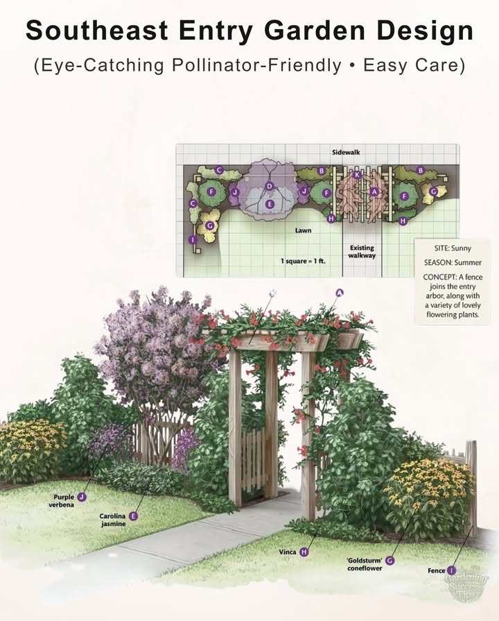 Southeast Entry Garden Design  
Designed for sunny sites in the Southeast, this layout combines showy perennials, vines, and shrubs for year-round appeal.
This garden plan brings color, fragrance, and pollinators right to your front entry:
 Star Jasmine  Zones 810  Plant spring  Train on fences/trellises
 Smoke Tree  Zones 58  Plant spring/fall  Loves well-drained soil
 Verbena  Zones 711  Plant spring  Deadhead for more blooms
 Carolina Jasmine  Zones 79  Plant spring  Evergreen, sun-loving vine
 Camellia  Zones 79  Plant fall/spring  Acidic soil, morning sun
 Lady Banks Rose  Zones 69  Plant spring  Thornless, needs support
 Vinca  Zones 49  After frost  Drought-tolerant groundcover
 Goldsturm Coneflower  Zones 39  Plant spring/fall  Attracts pollinators
 Trumpet Creeper  Zones 49  Plant spring  Prune to control spread

 Plant spring or fall zones 79 for strong growth & summer blooms!