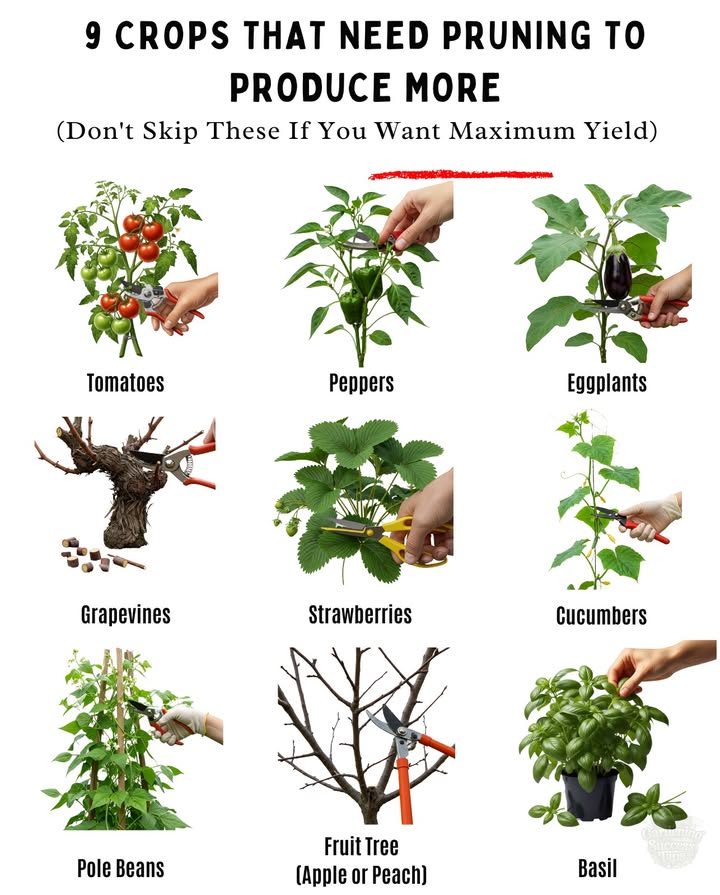 Here are 9 crops that NEED pruning to produce more, along with why and what to prune for each:
1. Tomatoes
 Why: Pruning improves airflow, reduces disease, and channels energy into fruit.
 Prune: Suckers the shoots that grow between stem and branch, lower yellowing leaves.

2. Peppers Bell & Chili
 Why: Encourages branching and better fruit set.
 Prune: Top of young plants pinch at 68 inches tall and any overcrowded inner leaves later.

3. Eggplants
 Why: Fewer but larger fruits, better airflow.
 Prune: Bottom leaves, side shoots, and suckers once fruits start developing.

4. Grapevines
 Why: Heavy pruning = better quality grapes.
 Prune: In winter, cut back 90% of old growth, leaving 12 main canes per vine.

5. Strawberries June-bearing
 Why: Controls runner spread and strengthens crowns.
 Prune: Runners after harvest, old leaves in fall or early spring.

6. Cucumbers especially in small spaces or vertical
 Why: Promotes airflow and fruit development.
 Prune: Lower leaves, side shoots below first 57 nodes.

7. Pole Beans
 Why: Redirects energy into pods, especially in dense growth.
 Prune: Top growth when plants reach top of trellis; thin crowded vines.

8. Fruit Trees like peach, apple, fig
 Why: Shapes the tree, boosts sunlight to fruit, prevents disease.
 Prune: In dormant season, remove crossing branches and weak stems.

9. Basil and other herbs like mint, oregano
 Why: Keeps plant from flowering, promotes more leaf growth.
 Prune: Pinch off flower buds and top few inches regularly.