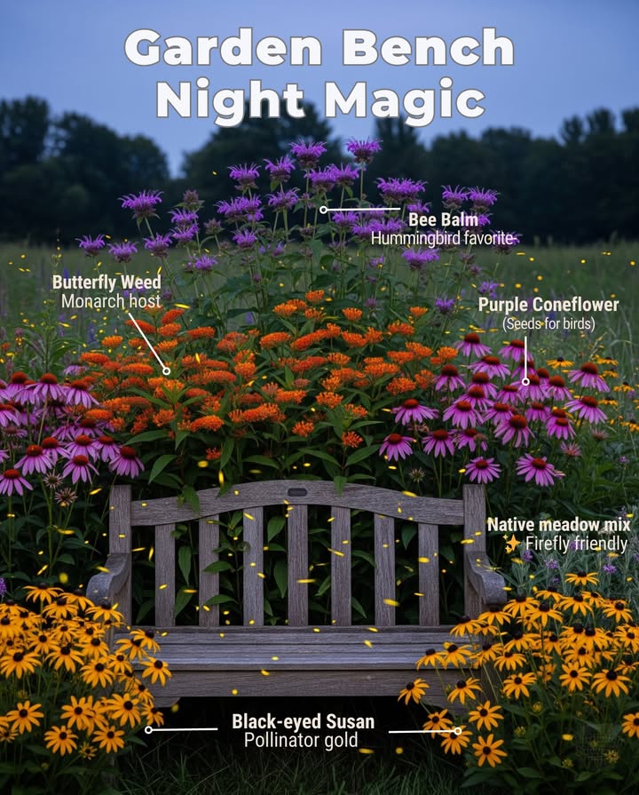 As the sun sets, your garden can come alive with fireflies and night pollinators. Surround your bench with native plants that glow in moonlight and invite natures night show.

 Native plants for nighttime beauty  wildlife:
 Hummingbird  dusk pollinators  Bee Balm Monarda fistulosa, Zones 49 
 Monarch support by day, nectar at dusk  Butterfly Weed Asclepias tuberosa, Zones 39 曆
 Bird  butterfly favorite  Purple Coneflower Echinacea purpurea, Zones 39 
 Golden glow in twilight  Black-eyed Susan Rudbeckia hirta, Zones 39 
 Firefly-friendly meadow mix  Native grasses  wildflowers that create the perfect habitat for lightning bugs 

 Sit quietly, and youll be surrounded by glowing fireflies, moths, and the gentle hum of night life.