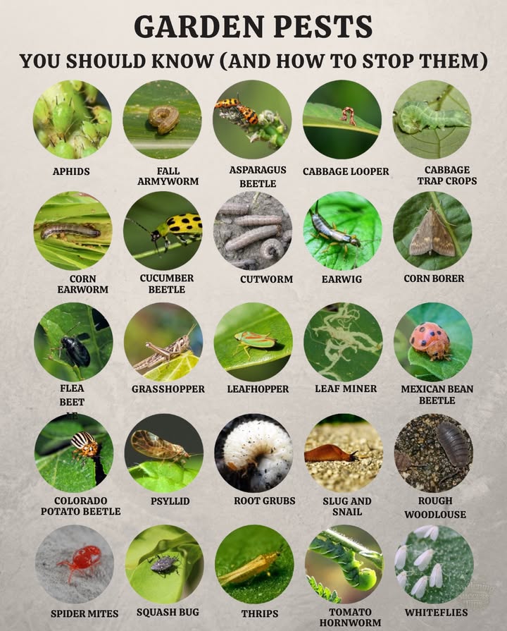 Garden Pests: Know the Culprits & Repel Them Naturally 

 Common Invaders:
 Aphids  Sap suckers that slow plant growth
 Caterpillars  Leaf munchers on a mission
 Grasshoppers  Devour foliage fast
 Scale Insects  Sneaky sap drainers
 Stink Bugs  Damage veggies & spread disease
 Mites  Cause yellowing and leaf drop
 Slugs & Snails  Chew tender young shoots

 Natural Defense Tactics:
– Spray garlic water or diluted vinegar
– Grow pest-repelling plants like basil, mint, and lavender
– Attract ladybugs to feast on aphids
– Water early to reduce moisture