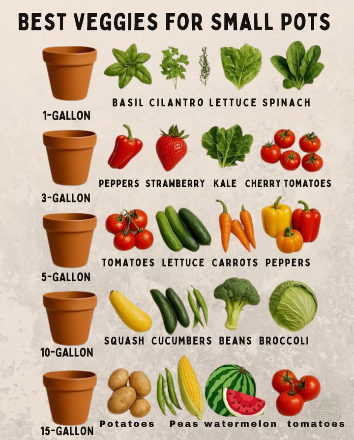 Fresh food, even in small spaces!
1-gallon  basil, cilantro, thyme, lettuce, spinach
3-gallon  peppers, strawberries, kale, cherry tomatoes
5-gallon  tomatoes, lettuce, cucumbers, carrots, peppers
10-gallon  squash, cucumbers, beans, broccoli, cabbage
15-gallon  potatoes, peas, corn, tomatoes, watermelon