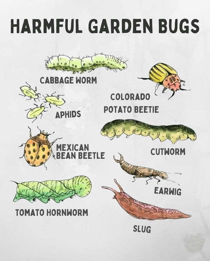 Harmful Garden Bugs: Know Your Plant Enemies 

1. Cabbage Worm: Green caterpillars that love cabbage, broccoli, & kale.
2. Aphids: Tiny sap-suckers causing curled, yellowing leaves.
3. Colorado Potato Beetle: Destroys potatoes, tomatoes, & eggplants.
4. Cutworm: Nighttime feeders that slice seedlings at the base.
5. Mexican Bean Beetle: Looks like a ladybug but skeletonizes bean leaves.
6. Tomato Hornworm: Big and fast; they can strip tomato plants quickly.
7. Earwig: Destroys flowers, fruit, and young leaves in numbers.
8. Slug: Leaves slime trails and shredded greens.

 Natural Pest Control Tips 
 Hand-pick bugs  
 Use neem oil or insecticidal soap  
 Try companion planting  
 Invite natural predators birds, ladybugs, wasps  

Keep your garden thrivingknow your pests and act early!