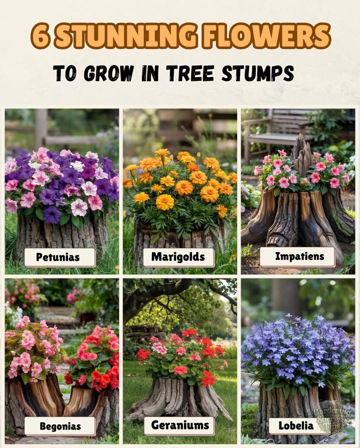 Turn Tree Stumps into Flower Masterpieces
 Petunias
Overflowing from a wide hollow stump  perfect for big, bold blooms in sunny spots.

 Marigolds
Golden mounds on a flat-topped stump  bright and bee-friendly all season long.

 Impatiens
Spilling gently from a cracked stump  shade-loving and full of color.

 Begonias
Packed into a natural hollow  lush, vibrant blooms for any rustic corner.

 Geraniums
Neatly planted in a carved-out stump  classic charm in every bloom.

 Lobelia
Trailing from a tilted stump  cool blues cascading beautifully over the edge.