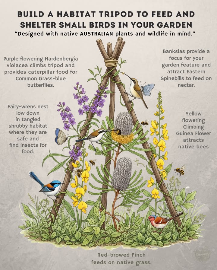 蝹 Create a Habitat Tripod for Birds & Pollinators! Turn a simple tripod into a wildlife sanctuary in your garden! 
 Designed for Australian gardens Zones 811.
1. Purple Hardenbergia – Climbing plant that feeds Common Grass-blue caterpillars.
2. Fairy-wrens – Find shelter in the low cover.
3. Banksias – Attract Eastern Spinebills with nectar-rich blooms.
4. Climbing Guinea Flower – Draws native bees for pollination.
5. Red-browed Finches – Forage at the base on native grasses.
A tripod provides food, shelter, and protectionperfect for a thriving wildlife-friendly garden!