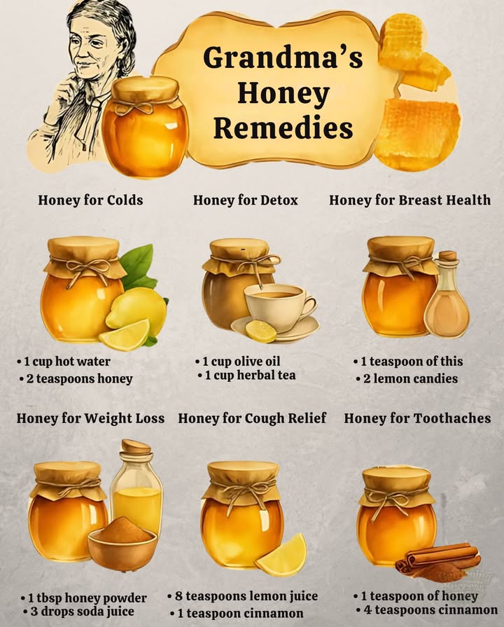 Grandmothers Remedies with Honey  A Sweet Natural Tradition   
Honey, a precious heritage passed down through generations, is full of therapeutic virtues. Here are some simple homemade recipes to take care of yourself every day:  
 Honey for Colds  
 1 tablespoon of honey  
 1 tablespoon of lemon juice  
 Soothes the throat and supports natural defenses  
 Detox Honey  
  tablespoon of honey  
 1 cup of herbal infusion  
 Gently cleanses the body and revitalizes  
 Honey and Sinuses  
 1 tablespoon of honey  
 2 tablespoons of apple cider vinegar  
 Naturally clears the airways  
 Weight Loss Honey  
 1 tablespoon of honey  
  teaspoon of cinnamon  
 A few drops of lemon juice  
 Activates metabolism and aids in weight loss  
裸 Honey for Coughs  
 8 tablespoons of honey  
 4 tablespoons of lemon juice  
 A soothing and effective syrup to calm irritation  
醴 Honey for Toothaches  
 1 tablespoon of honey  
 1 teaspoon of cinnamon  
 Naturally soothes dental pain  
Always prefer pure organic honey to reap all the benefits. A sweet and timeless tradition for well-being.