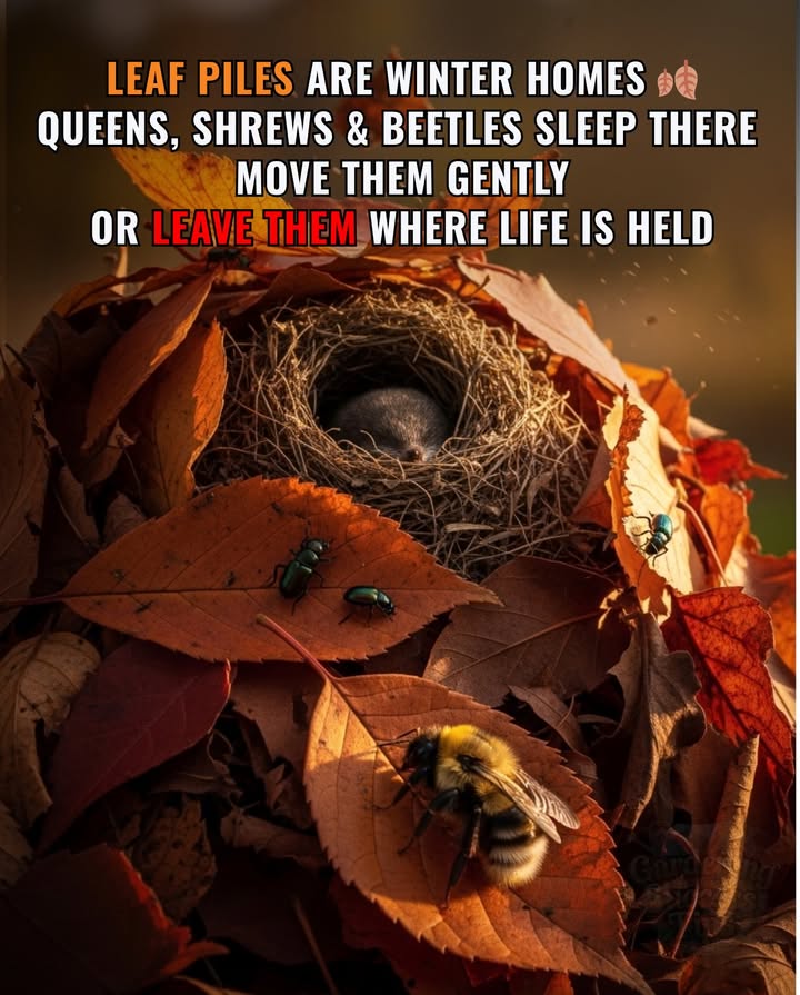 When autumn falls quiet, the ground stays alive.
Bumblebee queens, shrews, beetles  all tucked beneath the leaves, sleeping till spring.
Move them gently or better yet, leave them be.
Because under every pile, life is waiting to wake.

#LeaveTheLeaves #WildlifeGarden #EcoFriendlyYard