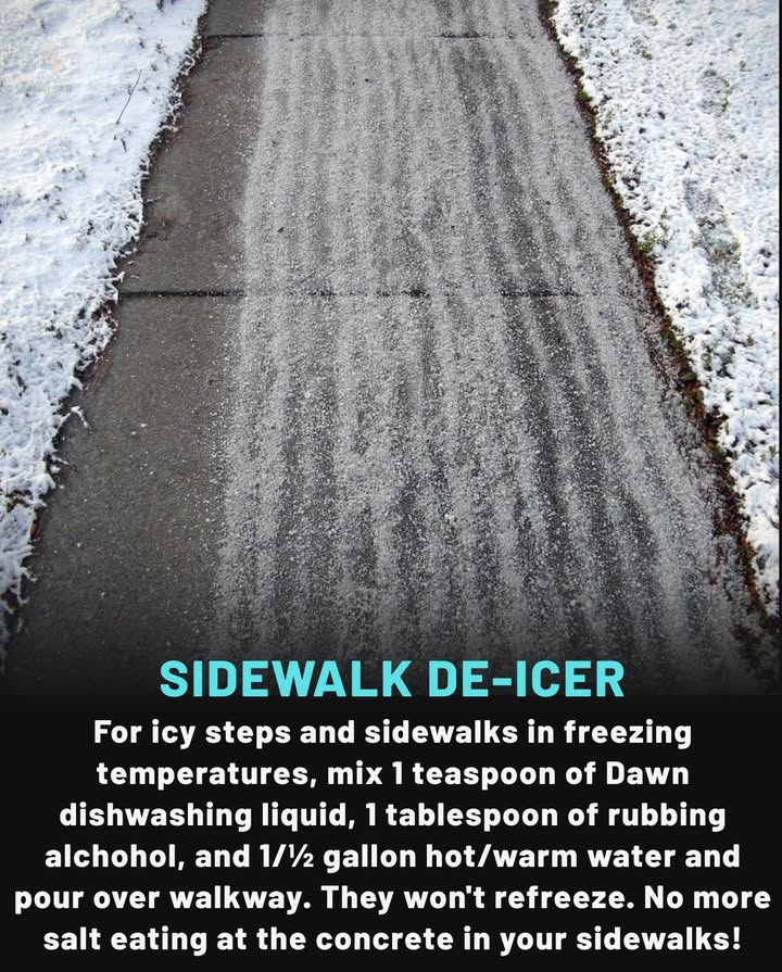 Make winter walks safer with this DIY de-icer: Mix 1 tsp dish soap, 1 tbsp rubbing alcohol, and 1/2 gallon hot water. 
Pour over icy steps to prevent refreezing and protect your concrete from salt damage.  
#WinterSafety #HomemadeDeIcer