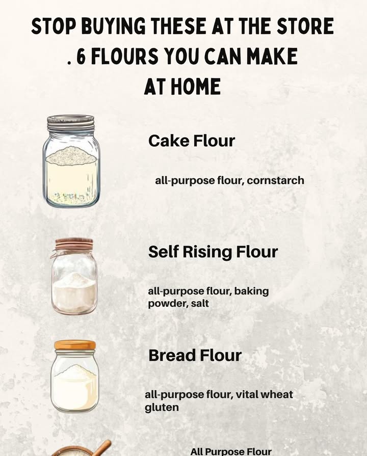 Homemade Flours: 6 Easy DIY Recipes for Every Baker

1.  Cake Flour
 1 cup all-purpose flour  2 tbsp
  2 tbsp cornstarch  sift 23 times  soft, tender cakes!

2. 丹 Self-Rising Flour
 1 cup all-purpose flour
  1 tsp baking powder
   tsp salt  whisk  perfect for biscuits & pancakes!

3.  Bread Flour
 1 cup all-purpose flour
  1 tbsp vital wheat gluten  mix  chewy, structured bread.

4.  Gluten-Free Flour Blend
 2 cups rice flour
   cup potato starch
   cup tapioca flour  blend  1:1 swap for all-purpose!

5.  All-Purpose Flour Homemade
 Grind wheat berries  sift out bran & germ  versatile, fresh flour.

6.  Whole Wheat Flour
 Grind wheat berries  no sifting  full of nutrition & fiber.