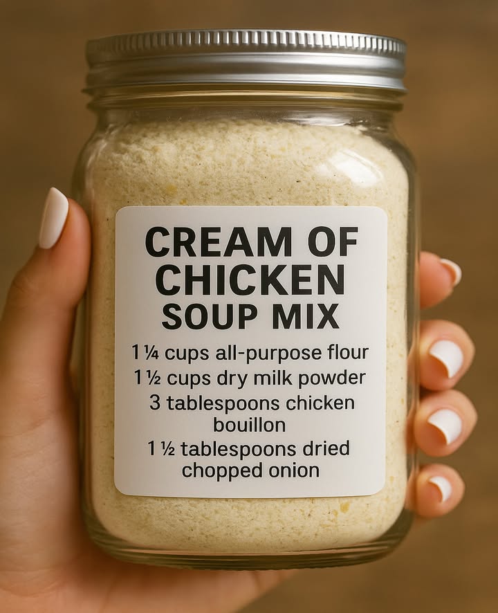 Homemade Cream of Chicken Soup Mix
Ditch the cans  this easy mix is perfect for casseroles, soups & comfort food!

蓼 Ingredients:
1 cups all-purpose flour
1 cups dry milk powder
3 tbsp chicken bouillon
1 tbsp dried chopped onion

籠 Instructions:
1. Mix all ingredients in a bowl.
2. Store in a mason jar or airtight container.

 To Use:
Mix  cup dry mix  1 cups water = 1 can condensed soup
Dont use 1 cups  write it on the lid to remember!