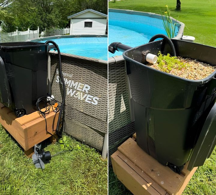 Weve found a way to combat the high cost of pool chemicals and keep our pool clean and clear naturally. Last summer, our pool turned solid green, and we couldnt afford enough chemicals to fix it. Heres how we turned things around using a natural bog filter.
Materials:
Large container full of rocks and pebbles we used a cheap trash can
Riparian pond plants e.g., creeping Jenny, Japanese taro, and yellow flag iris
Pond pump pumps enough gallons per hour to cycle the pool once every hour or two
PVC fittings for a spout and drain at the bottom of the filter
Copper pieces optional but helpful

How It Works:

1. Setup:
The pond pump pulls water through a flexible pipe into the bottom of the trash can.
Water flows upwards through the layers of rocks, trapping debris and hosting beneficial bacteria.
Filtered water spills out of the spout at the top.

2. Filtration:
The rocks trap debris and help filter the water.
Beneficial bacteria consume nutrients and waste from decaying leaves, preventing algae growth.
Riparian pond plants consume nutrients that algae would otherwise use to grow.

3. Maintenance:
Skim floating debris and vacuum settled debris regularly.
Once a season, turn off the pump and open the drain at the bottom. Flush out any gathered debris by running your hose on top of the rocks.
Keep the pump running 24/7; the power needed to run a small pond pump is negligible.

4. Benefits:
Chemical-free pool maintenance.
Cost-effective solution.
Fresh, clean water that is safe for skin.

For detailed instructions and visuals, look up natural pools and bog filters on YouTube, especially the bog filter in a barrel by OzPonds.