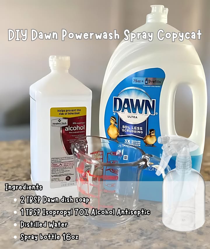 Love Dawns Powerwash spray, but its pricey. Save big by using regular Dawn and something from your medicine cabinet!
Dawn Powerwash Copycat Spray  
Ingredients :
2 TBSP Dawn dish soap
1 TBSP Isopropyl 70% Alcohol Antiseptic
Distilled Water
Spray bottle 16oz
Instructions : 
1. Pour the alcohol and soap into the spray bottle.
2. Fill the rest of the bottle up with distilled water leaving  inch empty at the top.
3. Gently tip back and forth until combined.
4. Let it sit for a couple hours or spray away!
