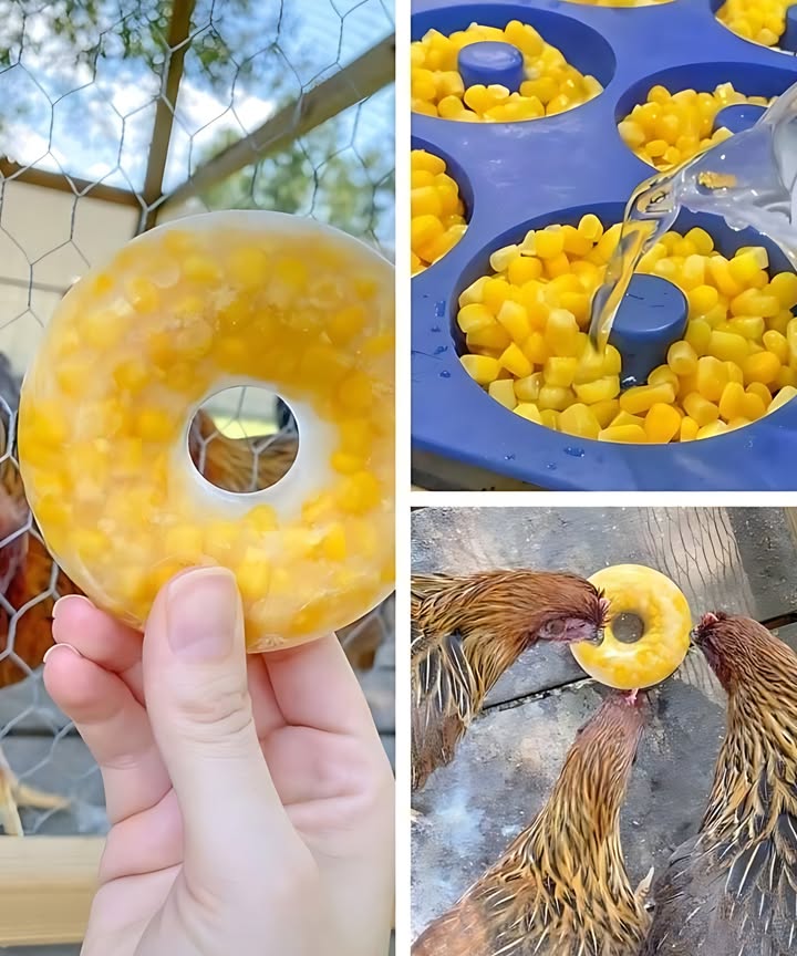 FROZEN CORN TREATS…for chickens!!!
1. Prepare the Mold: Fill a donut-shaped mold with corn kernels.
2. Add Water: Pour water into the mold, covering the corn kernels.
3. Freeze: Place the mold in the freezer until the water is completely frozen.
4. Serve: Once frozen, pop the corn treats out of the mold and give them to the chickens. They will enjoy pecking at the refreshing, icy treat!