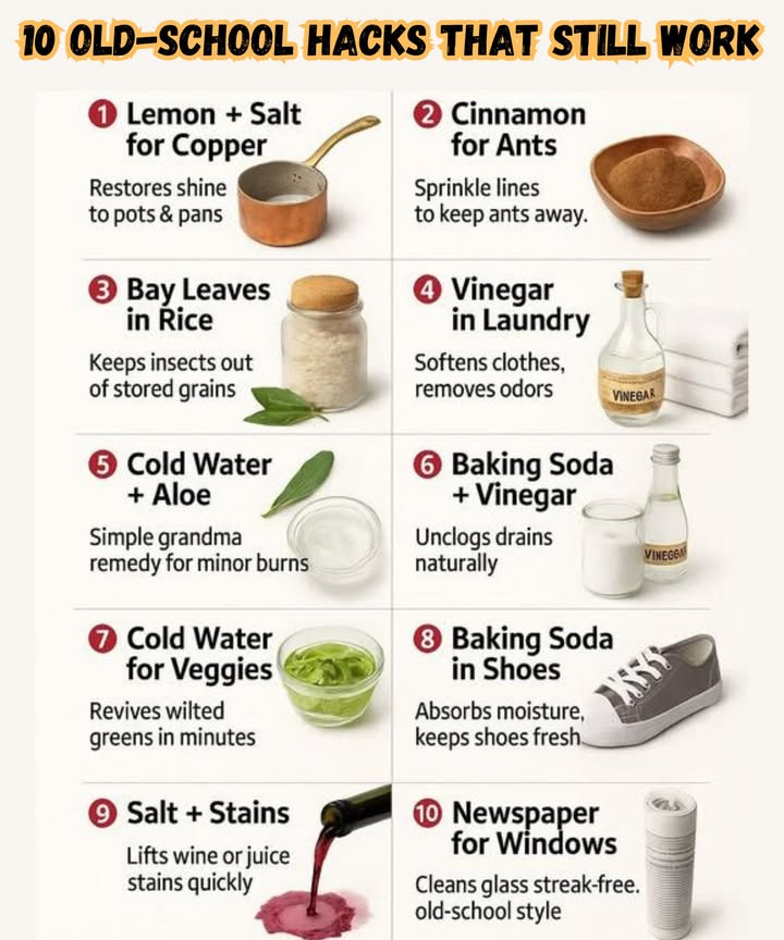 10 Old-School Hacks That Still Work
1. Lemon  Salt for Copper
 Restore shine to pots and pans
A simple combination of lemon and salt will help you bring back the sparkle to your copperware in no time!

2. Cinnamon for Ants
 Repel ants naturally
Sprinkle cinnamon around areas where ants appear, and theyll stay away. A great, non-toxic method to keep your home bug-free.

3. Bay Leaves in Rice
 Keep insects out of stored grains
Add a few bay leaves to your rice container to naturally deter insects and keep your grains fresh.

4. Vinegar in Laundry
狀 Soften clothes & remove odors
Add vinegar to your laundry to soften your clothes and help eliminate any unpleasant odors.

5. Cold Water  Aloe for Burns
 Soothe minor burns
A combination of cold water and aloe vera is the perfect remedy for minor burns. Its a simple and effective grandma-approved hack.

6. Baking Soda  Vinegar for Drains
 Unclog drains naturally
Use the power of baking soda and vinegar to clear out your drains without any harsh chemicals.

7. Cold Water for Wilted Veggies
復 Revive wilted greens
A quick dip in cold water can bring your wilted veggies back to life in just a few minutes.

8. Baking Soda in Shoes
 Absorb moisture & keep shoes fresh
Place some baking soda in your shoes overnight to absorb moisture and keep them smelling fresh.

9. Salt  Stains
 Lift wine or juice stains quickly
Salt can help lift those stubborn stains from wine or juice off your fabricjust sprinkle and blot!

10. Newspaper for Windows
 Clean glass streak-free
For crystal-clear windows, use crumpled newspaper to wipe away smudges and grimean old-school method that works wonders!