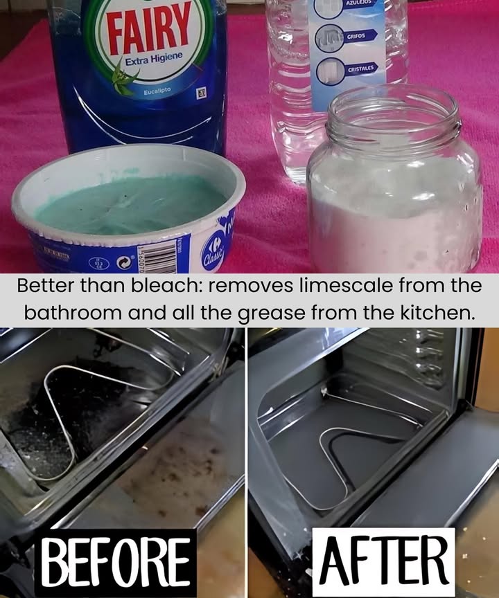 Better than bleach: removes limescale from the bathroom and all the grease from the kitchen.
not only limescale but also grease from the oven, kitchen tiles, pots, and pans.
1. Gather ingredients: 
six tablespoons of concentrated dish soap, three tablespoons of powdered bathroom cleaner, three tablespoons of baking soda, and one tablespoon of white wine vinegar.
2. Find a disposable container, like a recycled plastic ricotta container. Wash it and use it to contain the paste.
3. In the container, place three tablespoons of baking soda.
4. Add three tablespoons of powdered bathroom detergent.
5. Add six tablespoons of concentrated dishwashing liquid.
6. Mix the mixture with a wooden spoon until smooth.
7. Add the tablespoon of vinegar and mix well.
8. Transfer the compound to the container for easy access when needed.
9. Put on gloves and use a sponge to apply the paste to the surfaces that need cleaning.
10. Leave the paste on the surface for a few minutes for it to be effective, then remove it with a clean cloth and water.
11. For taps with heavy limescale, leave the paste on longer. Use a toothbrush for more precise cleaning.
Once you try this method, you will never stop.