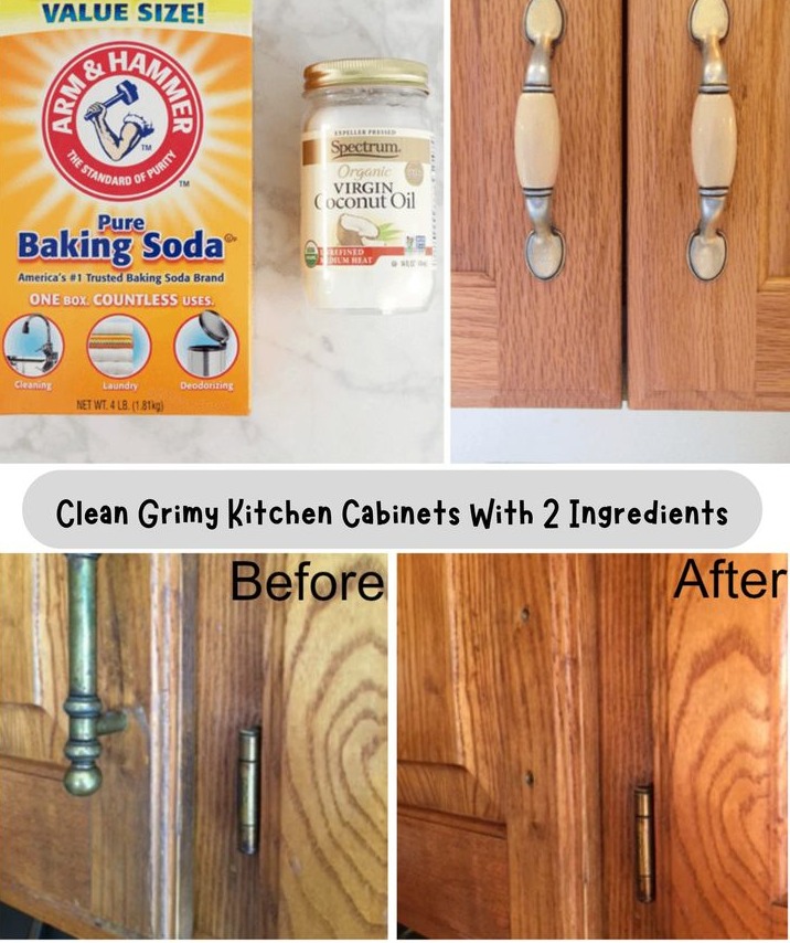 DIY Clean Grimy Kitchen Cabinets With 2 Ingredients
This has to be one of my all-time favorite cleaning tips!
Ingredients:
1 part coconut oil
2 parts baking soda

Directions:
1. Mix 1 part coconut oil with 2 parts baking soda in a small bowl.
2. Apply the mixture to your cabinets using a cloth, sponge, or your hands to work it into all the nooks and crannies.
3. Use an old toothbrush for harder-to-reach grooves.
4. Wipe off the mixture and dirt with a clean cloth.