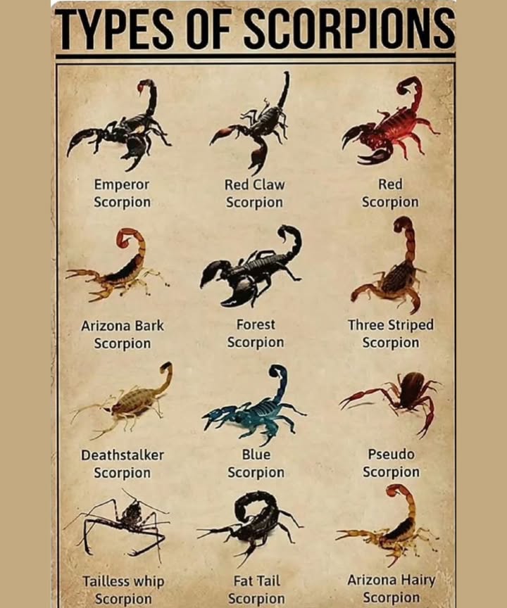 廬 Types of Scorpions Around the World!
 Emperor Scorpion
 Large, black, and gentle
 Shiny exoskeleton

 Red Claw Scorpion
 Like the Emperor, but with red pincers

 Red Scorpion
 Bright red
 Some are medically significant

 Arizona Bark Scorpion
 Small & light brown
 Most venomous in the U.S.

 Forest Scorpion
 Black and lives in humid forests

 Three-Striped Scorpion
 Has 3 dark stripes
 Mild sting

 Deathstalker
 Pale yellow-green
 Highly venomous

 Blue Scorpion
 Rare & blue-colored
 Being studied for medicine

荒 Pseudoscorpion
 Tiny, no tail
 Harmless pest-eater

 Tailless Whip Scorpion
 No sting, long whip legs
 Totally harmless

裡 Fat-Tailed Scorpion
 Thick tail
 Very dangerous

倫 Arizona Hairy Scorpion
 Big & hairy
 Mild sting

 Stay Safe!
Look, dont touch  especially in venomous regions.
Call a pro if you find one indoors!