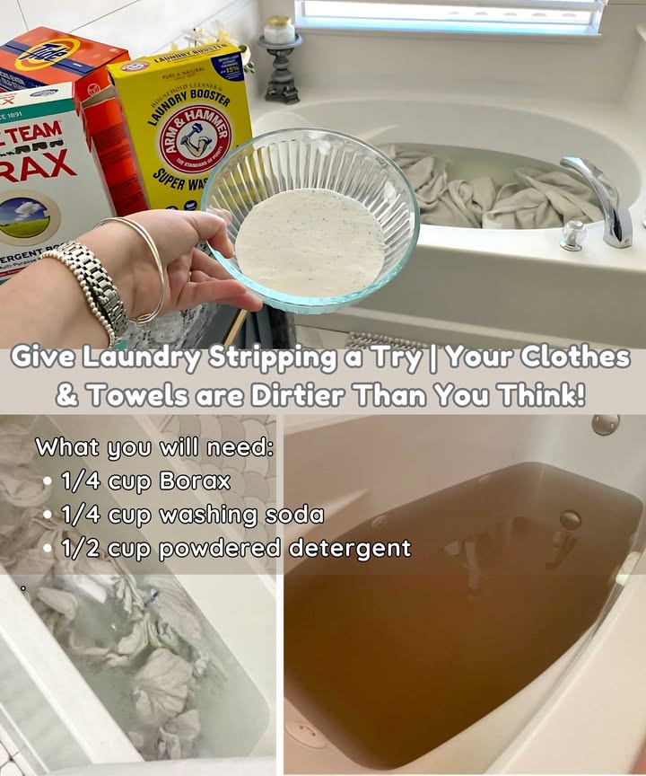 The towels at your house, no matter how clean you think they are, are probably this nasty too.
Give Laundry Stripping a Try  Your Clothes & Towels are Dirtier Than You Think!
DIRECTIONS:
1. Place towels or clothing in a bathtub or top-loader washer and cover with HOT water.
2. Mix Borax, washing soda, and powdered detergent together. Sprinkle the mixture over the contents in the water.
3. Mix the apparel, bedding, and/or towels around in the solution and let soak for 4-6 hours, making sure to mix once every hour for as long as they soak. I actually used the end of a broomstick because my water was too hot to touch!
4. Drain the water and transfer the contents to the washer. Wash and dry laundry like normal, except now you dont have to add more detergent.
5. Enjoy your soft and clean laundry!