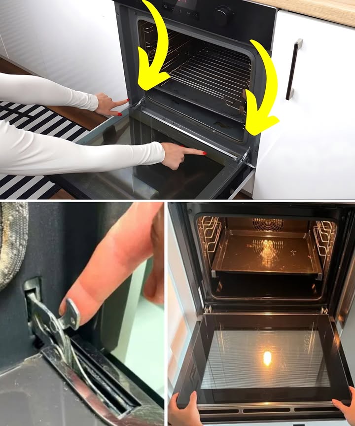 Theres a button on the oven door. Most people have no idea how useful this is  
Instructions:
1. Locate Locks: Find the locks at the bottom of the oven door.
2. Rotate Locks: Carefully rotate or slide these to unlock.
3. Remove Top Bar: If present, gently remove the doors top bar.
4. Extract Glass: Carefully slide out the glass pane for cleaning.