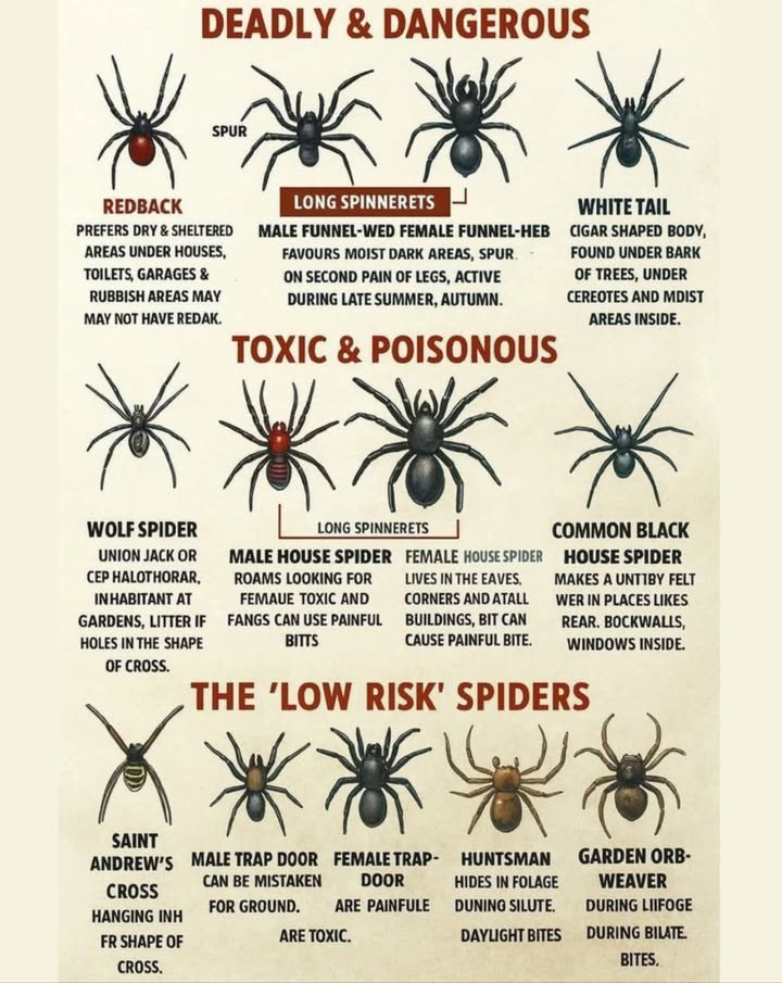 Know Your Spiders: Identifying Dangerous, Toxic, and Low-Risk Spiders 
Deadly & Dangerous Spiders 

Redback 

Habitat: Dry, sheltered spots.

Danger: Venomous, can be life-threatening.

White Tail 

Habitat: Under bark, inside buildings.

Danger: Venomous, causes severe pain.

Wolf Spider 

Habitat: Gardens, litter.

Danger: Painful bite, swelling.

Male Funnel-web Spider 

Habitat: Dark, moist areas.

Danger: Highly toxic, aggressive.

Toxic & Poisonous Spiders 

Common Black House Spider 

Habitat: Indoors.

Danger: Painful bites, not life-threatening.

Male House Spider 

Habitat: Roams homes.

Danger: Painful bites, rarely harmful.

Low-Risk Spiders 

Saint Andrews Cross 

Habitat: Gardens.

Risk: Low, not dangerous.

Male Trap Door 

Habitat: Underground burrows.

Risk: Generally harmless.

Huntsman Spider 

Habitat: Hides in foliage.

Risk: Low, painful bite.

Garden Orb-Weaver 

Habitat: Gardens at night.

Risk: Very low, mild irritation if bitten.

Stay Safe!

Identify spiders to avoid dangers. Always seek medical help if bitten!