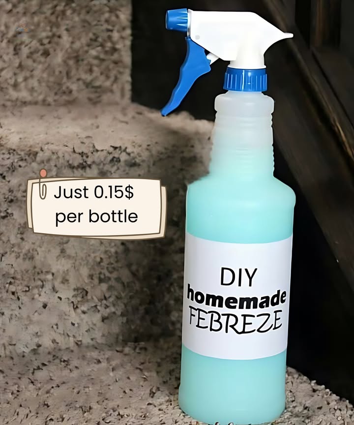 With just 4 ingredients, this DIY Homemade Febreze will keep you on a budget and will leave your home smelling fresh and inviting!
1/2 cup Downy Unstopables scent of your choice
1/4 cup white vinegar
2 caps full rubbing alcohol
water
Tools:
clean spray bottle I use 32 oz.
funnel optional

Step 1: Pour 1/2 cup Downy Unstopables of your choice.  I used the “Fresh” scent.
Step 2: Add 1/4 cup white vinegar.
Step 3: Next, pour in 2 caps full of rubbing alcohol.  This is to help the Febreze dry faster when it is sprayed on carpeting, furniture, etc.
Step 4: Add warm water until your spray bottle is full.  
Step 5: With the sprayer in place, swirl the mixture around until the Unstopables are completely dissolved.  I mixed mine every 10-15 minutes, and they were completely dissolved in about an hour.