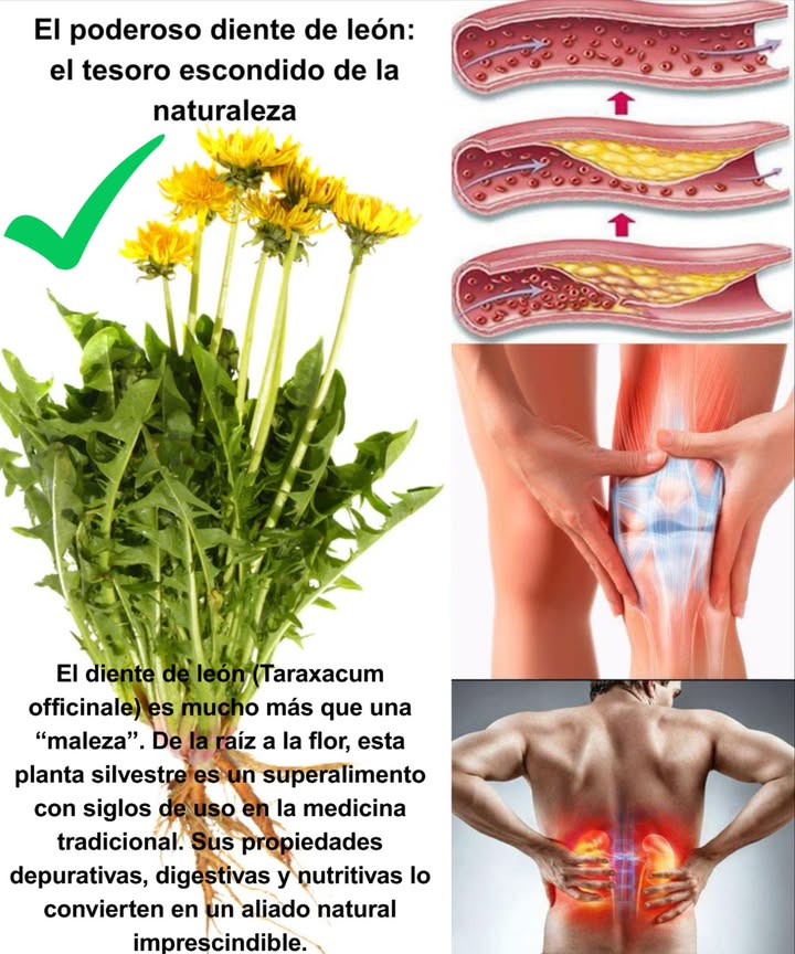 El poderoso diente de león: el tesoro escondido de la naturaleza 

El diente de león Taraxacum officinale es mucho más que una maleza. De la raíz a la flor, esta planta silvestre es un superalimento con siglos de uso en la medicina tradicional. Sus propiedades depurativas, digestivas y nutritivas lo convierten en un aliado natural imprescindible.

 30 beneficios del diente de león
 Antioxidante natural
 Refuerza las defensas
 Mejora la digestión y reduce hinchazón
 Limpieza hepática profunda
 Diurético suave y eficaz
 Regula el azúcar en sangre
 Apoya la salud renal
 Favorece la pérdida de peso
 Rico en vitaminas A, C y K
 Cuida la piel desde dentro
 Fortalece huesos
 Previene infecciones urinarias
 Efecto antiinflamatorio
 Combate la anemia
 Equilibra hormonas femeninas
 Estimula el crecimiento del cabello
 Protege la salud visual
 Depura la vesícula biliar
 Aumenta la energía de forma natural
 Mejora la salud cardiovascular
 Reduce el colesterol malo
 Potencial anticancerígeno
 Retrasa el envejecimiento celular
 Alivia eccema y psoriasis
 Calma dolores articulares
 Fortalece dientes y encías
 Mejora memoria y concentración
 Estimula el metabolismo
 Combate bacterias
 Previene cálculos biliares

 Cómo usarlo en casa
 Hojas: en ensaladas, salteadas o infusión.
 Flores: para tés, aceites o vinos medicinales.
 Raíz: seca y tostada como café o en tinturas.

 Precauciones
Evitar en caso de alergia a la ambrosía, uso de anticoagulantes, diuréticos o diabetes. Consulta a un especialista si existen problemas biliares.

 Conclusión natural
Un regalo silvestre que limpia, nutre y fortalece. En taza, plato o cuidado personal, el diente de león merece florecer en tu vida.