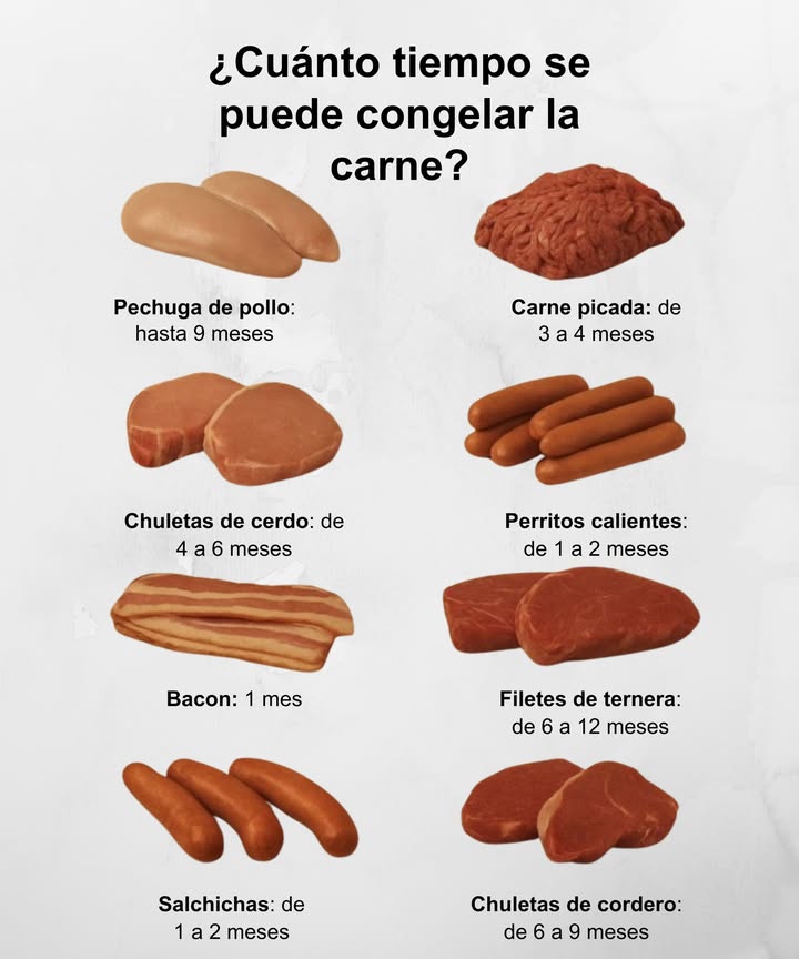 Tiempos ideales para congelar cada tipo de carne

Pechuga de pollo: hasta 9 meses

Carne picada: de 3 a 4 meses

Chuletas de cerdo: de 4 a 6 meses

Perritos calientes: de 1 a 2 meses

Bacon: 1 mes

Filetes de ternera: de 6 a 12 meses

Salchichas: de 1 a 2 meses

Chuletas de cordero: de 6 a 9 meses

略 Consejo: Guarda las carnes bien envueltas o al vacío para evitar la quemadura por congelación y conservar su sabor y textura.