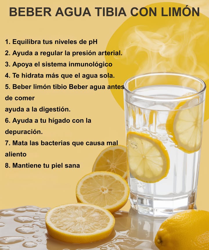 Beber agua tibia con limón: un hábito sencillo pero con enormes beneficios   
1 Ayuda a equilibrar el pH del cuerpo  
2 Regula la presión arterial de forma natural  
3 Refuerza el sistema inmunológico  
4 Proporciona una hidratación superior al agua sola  
5 Facilita la digestión si se consume antes de las comidas  
6 Promueve la desintoxicación del hígado  
7 Combate las bacterias responsables del mal aliento  
8 Mejora la salud y el aspecto de la piel   

Un ritual matutino saludable para comenzar el día con energía y bienestar.