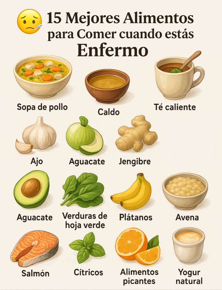 裸 15 Mejores Alimentos para Comer Cuando estás Enfermo

 Sopa de pollo
Reconfortante, hidratante y alivia la congestión.

 Caldo
Ligero, cálido y rico en electrolitos. Ideal para fiebre o malestar estomacal.

龍 Ajo
Refuerzo inmunológico natural con propiedades antivirales y antiinflamatorias.

便 Agua de coco
Rehidrata con potasio y magnesio.

陋 Aguacate
Suave para el estómago, rico en grasas buenas y vitaminas.

塞 Verduras de hoja verde
Vitaminas A, C, K y antioxidantes que fortalecen las defensas.

 Salmón
Omega-3 y proteínas que reducen la inflamación y ayudan a recuperarte.

 Té caliente
Hidrata y calma la garganta. Jengibre y menta, los más recomendados.

 Miel
Alivia la tos, suaviza la garganta y es antimicrobiana.

 Jengibre
Reduce náuseas, calma el dolor y combate virus.

 Plátanos
Fácil de digerir, aporta energía y es ideal para el estómago.

北 Avena
Cálida, rica en fibra y buena para el sistema digestivo.

 Cítricos
Altos en vitamina C, hidratan y refuerzan la inmunidad.

 Alimentos picantes
Despejan las vías respiratorias, pero evítalos si tienes el estómago sensible.

 Yogur natural
Con probióticos y proteínas. Apoya la flora intestinal y el sistema inmune.

 Consejo final
Come con calma, hidrátate y descansa. Tu cuerpo se repara desde adentro.