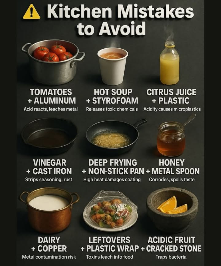 Kitchen Mistakes You Should Avoid 

Even small habits in the kitchen can lead to toxic chemicals, ruined cookware, or contaminated food. Here are 8 common mistakes to stop making today 

 Tomatoes  Aluminum Pots
Acid in tomatoes reacts with aluminum  leaches metal into your food.

北 Hot Soup  Styrofoam Cups
Heat releases toxic chemicals into your meal  always use ceramic or glass.

 Citrus Juice  Plastic Bottles
The acidity breaks down plastic, releasing microplastics into your drink.

籠 Vinegar  Cast Iron
Strips the pans seasoning and causes rust  avoid cleaning with vinegar.

 Deep Frying  Non-Stick Pan
High heat damages the coating and releases harmful fumes.

 Honey  Metal Spoon
Metal can corrode and alter honeys taste  use wooden or plastic spoons instead.

拏 Dairy  Copper Pots
Leads to metal contamination and spoils milk faster.

綾 Leftovers  Plastic Wrap
Toxins from the wrap leach into your food  use glass containers.

 Acidic Fruit  Cracked Stoneware
Cracks trap bacteria, making it unsafe for food prep.

 Smart tip: Always match your food type with the right material  your health and cookware will thank you!