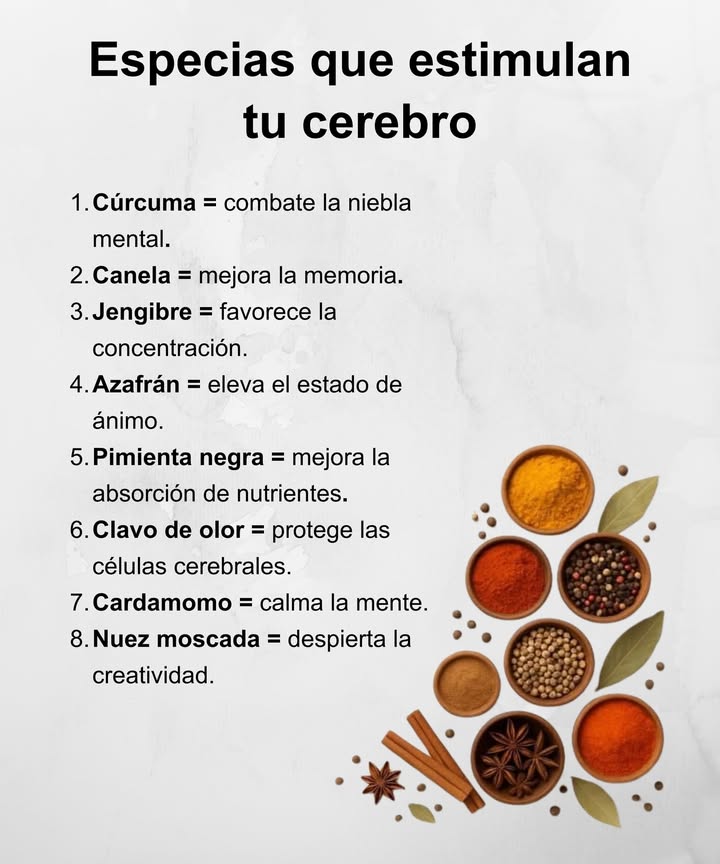 易 Especias que estimulan el cerebro

 Cúrcuma  Disipa la niebla mental y favorece la claridad.
 Canela  Refuerza la memoria y el enfoque.
 Jengibre  Aumenta la concentración y la energía.
 Azafrán  Eleva el ánimo y combate el estrés.
 Pimienta negra  Mejora la absorción de nutrientes esenciales.
 Clavo de olor  Protege las células cerebrales y reduce la inflamación.
 Cardamomo  Calma la mente y equilibra las emociones.
便 Nuez moscada  Despierta la creatividad y la inspiración.

 Un toque de especias naturales puede transformar tu mente, tu energía y tu bienestar.