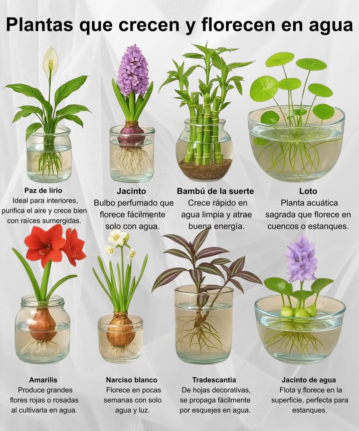 Plantas que crecen y florecen en agua

 Paz de lirio  Ideal para interiores, purifica el aire y prospera con raíces sumergidas.

 Jacinto  Bulbo perfumado que florece fácilmente solo con agua.

 Bambú de la suerte  Crece rápido en agua limpia y atrae buena energía.

 Loto  Planta acuática sagrada que florece en cuencos o estanques.

 Amarilis  Produce grandes flores rojas o rosadas al cultivarla en agua.

 Narciso blanco  Florece en pocas semanas con solo agua y luz.

 Tradescantia  De hojas decorativas, se propaga fácilmente por esquejes en agua.

 Jacinto de agua  Flota y florece en la superficie, perfecta para estanques y fuentes.