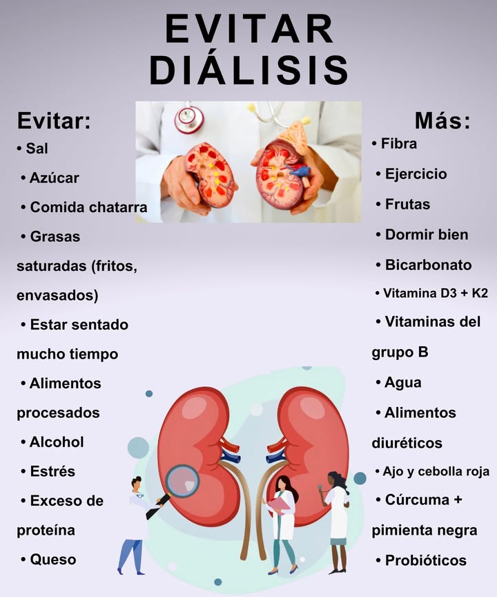 EVITAR DIÁLISIS: hábitos que protegen tus riñones 喙

 Evitar:
 Sal
 Azúcar
 Comida chatarra
 Grasas saturadas fritos, envasados
 Estar sentado mucho tiempo
 Alimentos procesados
 Alcohol
 Estrés
 Exceso de proteína
 Queso

 Más:
 Fibra
 Ejercicio
 Frutas
 Dormir bien
 Bicarbonato
 Vitamina D3  K2
 Vitaminas del grupo B
 Agua
 Alimentos diuréticos
 Ajo y cebolla roja
 Cúrcuma  pimienta negra
 Probióticos

 Claves: riñones fuertes, cuerpo depurado y mejor calidad de vida.

#SaludRenal #BienestarNatural #Prevención