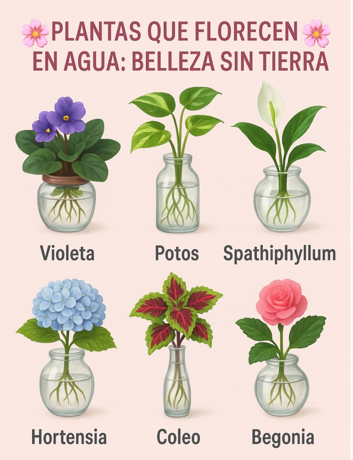 PLANTAS QUE FLORECEN EN AGUA: BELLEZA SIN TIERRA 
Ideal para decorar con elegancia y frescura usando solo un jarrón o frasco transparente.

 Violetta  Pequeñas flores llenas de color y ternura
 Potos  Enredadera resistente con hojas brillantes y vivas
懶 Spathiphyllum  Flor blanca y serena, símbolo de pureza
 Hortensia  Racimos florales que deslumbran en cualquier recipiente
 Coleo  Hojas multicolor que llenan de alegría cada espacio
 Begonia  Floración continua con encanto tropical

 Deja que la naturaleza florezca con sencillez y transforma tu hogar en un oasis de vida sin tierra