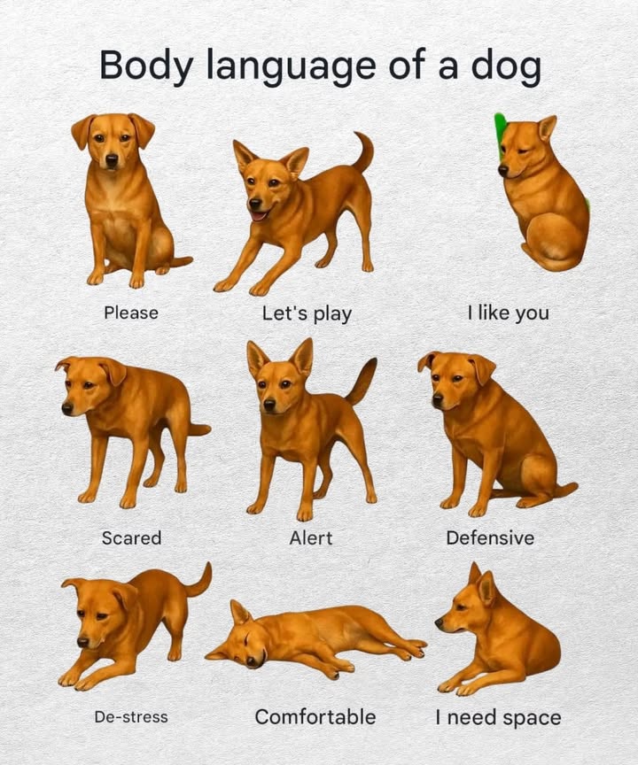 Dog Body Language: What the Signals Mean 

1 Posture

Relaxed: head and tail in a neutral position, showing calmness.

Alert: body upright, head and tail raised, showing attention.

Defensive: tense body, lowered head and tail, ready to react.

2 Tail

High: confidence and excitement.

Low: submission or insecurity.

Wagging: happiness, enthusiasm, or high energy context matters.

3 Ears

Forward: interest and curiosity.

Pulled back: fear or discomfort.

Drooping: sadness or tiredness.

4 Eyes

Bright: joy and engagement.

Dull: sadness or low energy.

Staring: focus, alertness, or sometimes challenge.

By reading these cues, you can better understand your dogs emotions and intentions.
