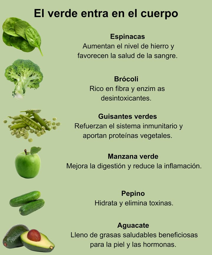 El verde entra en el cuerpo 

塞 Espinacas: aumentan el hierro y favorecen la salud de la sangre.
復 Brócoli: rico en fibra y enzimas desintoxicantes.
 Guisantes verdes: refuerzan el sistema inmunitario y aportan proteínas vegetales.
 Manzana verde: mejora la digestión y reduce la inflamación.
勒 Pepino: hidrata y ayuda a eliminar toxinas.
陋 Aguacate: fuente de grasas saludables que benefician la piel y las hormonas.