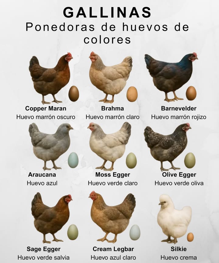 讀 Gallinas que ponen huevos arcoíris 

Llena tu canasta de color con estas increíbles ponedoras:

 Copper Maran  Huevos marrón chocolate intenso
 Brahma  Marrón claro a beige cremoso
 Barnevelder  Marrón brillante con tinte bronce
 Araucana  Verdaderas joyas azul cielo
 Moss Egger  Huevos con matiz verde único
 Olive Egger  Tonos verdes oliva terrosos
 Sage Egger  Verde pálido, suave y elegante
 Cream Legbar  Huevos azul brillante  excelentes buscadoras
 Silkie  Huevos pequeños, marrón claro y llenos de encanto

 Cría una parvada tan colorida como tu desayuno.