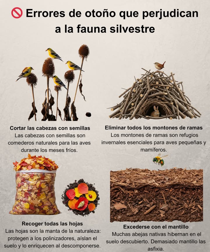 Errores de otoño que dañan a la fauna

Cortar las cabezuelas con semillas demasiado pronto: son alimento invernal para jilgueros y carboneros.

Exceso de mantillo: las abejas nativas necesitan suelo desnudo para pasar el invierno; demasiado mantillo las asfixia.

Retirar todos los montones de ramas: brindan refugio esencial a pequeños pájaros y mamíferos.

Quitar todas las hojas: aíslan el suelo y protegen a polinizadores como mariposas y abejas.

 Mantén tu jardín como un refugio seguro para la vida silvestre este otoño.