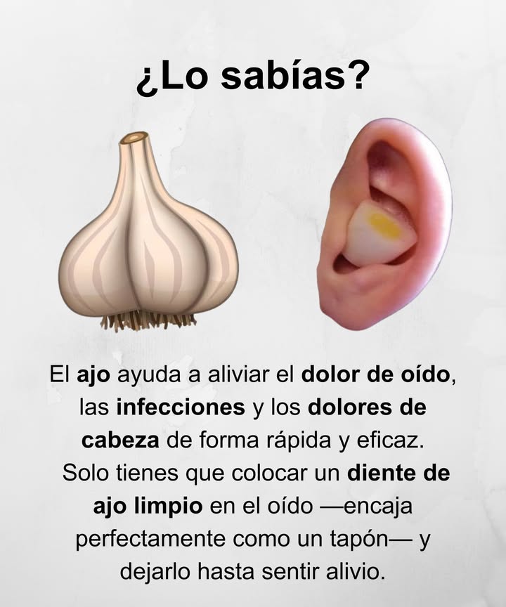 El poder curativo del ajo 

龍 Propiedades naturales:
El ajo es un potente antibiótico y antiinflamatorio natural que ayuda a aliviar el dolor de oído, las infecciones y los dolores de cabeza.

 Uso tradicional:
Colocar un diente de ajo limpio en el oído como un tapón puede generar calor y liberar sus compuestos activos, proporcionando sensación de alivio.

 Remedio natural y ancestral utilizado para calmar molestias de forma rápida y eficaz.