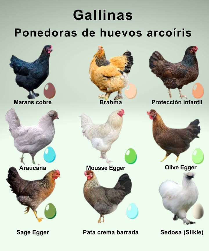 讀 Gallinas que llenan tu gallinero de color:

 Marans cobre  Huevos chocolate intenso, elegancia en cada postura.
李 Brahma  Gigante suave que pone huevos crema con ternura.
 Protección infantil  Rustica y confiable, con huevos en tonos tostados.

 Araucana  Huevos azul celeste y espíritu libre.
 Mousse Egger  Plumaje claro y huevos verdes suaves.
 Olive Egger  Exótica y adorable, con huevos verde oliva.

 Sage Egger  Huevos verde salvia y gran productividad.
 Pata crema barrada  Gallina compacta con huevos azul pastel.
懶 Sedosa Silkie  Plumas sedosas y huevos pequeños color marfil.

Crea tu propia canasta de huevos arcoíris… cada día una sorpresa natural!
