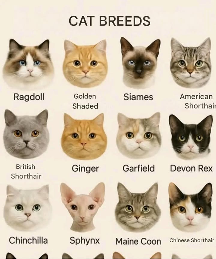 11 Popular Cat Breeds and What Makes Them Special

Ragdoll  Soft, floppy, and incredibly affectionate. Loves to be held and snuggled.

Shaded Golden  Shiny golden fur and a calm, gentle personality. Great for quiet homes.

Siamese  Vocal, elegant, and full of attitude. A real chatterbox who loves attention.

American Shorthair  Friendly, low-maintenance, and great with kids. A family favorite.

British Shorthair  Plush and teddy bear-like. Calm, independent, and sweet.

Ginger not a breed, but a type  Lively, curious, and playful. Always up to something fun!

Garfield-type  Chubby, lazy, and full of personality. Perfect for a chill lifestyle.

Devon Rex  Big ears, curly coat, and loads of energy. Loves to play and be around people.

Chinchilla  Silky silver fur and a sweet, gentle nature. Looks magical!

Sphynx  Hairless but warm and loving. Super cuddly and people-oriented.

Maine Coon  The gentle giant. Large, fluffy, and acts a bit like a dogvery friendly and playful.