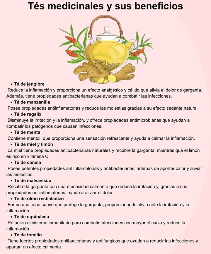 Tés medicinales y sus beneficios

 Jengibre: Antiinflamatorio, analgésico y antibacteriano natural.
 Manzanilla: Sedante suave que alivia molestias y calma.
 Miel y limón: Antibacterianos, suavizan la garganta y aportan vitamina C.
 Menta: Refrescante, ayuda a reducir la inflamación.
 Regaliz: Antimicrobiano y calmante de la irritación.
 Malvavisco: Protege la garganta y alivia el dolor.
 Olmo resbaladizo: Forma una capa protectora contra la irritación.
 Equinácea: Refuerza el sistema inmunitario.
 Tomillo: Antibacteriano y antifúngico, con efecto calmante.
不 Canela: Antiinflamatoria y antibacteriana, reconforta y alivia.

#TésMedicinales #SaludNatural #RemediosCaseros