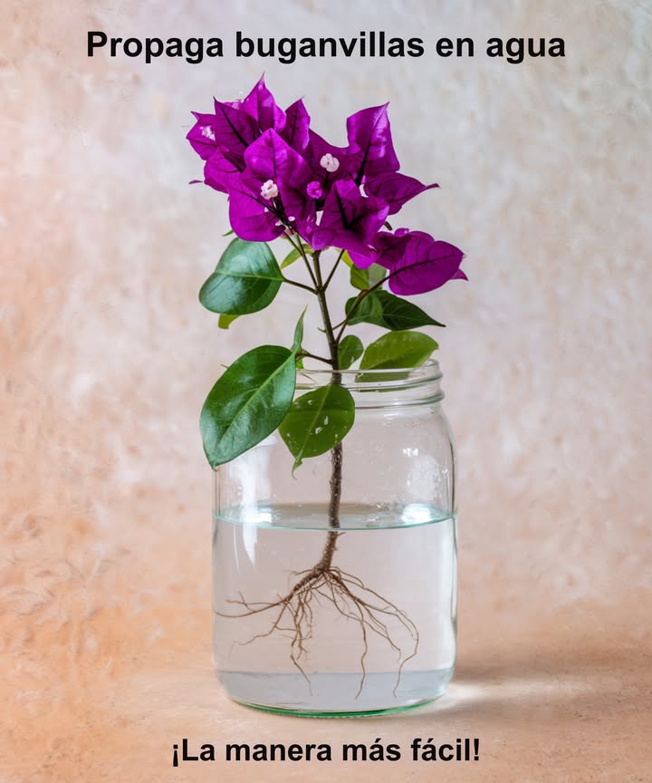 Propaga buganvilla en agua  Es muy sencillo! 

Corta esquejes saludables de 15 a 20 cm, asegurándote de que tengan al menos 2 nudos.

Coloca los esquejes en un vaso con agua, sumergiendo los nudos.

Cambia el agua cada 2 a 3 días para que se mantenga fresca.

En pocas semanas verás aparecer las raíces!

Cuando alcancen entre 5 y 10 cm, trasplántalos a tierra ligera y bien drenada.

Mantén la planta en luz indirecta hasta que se establezca.