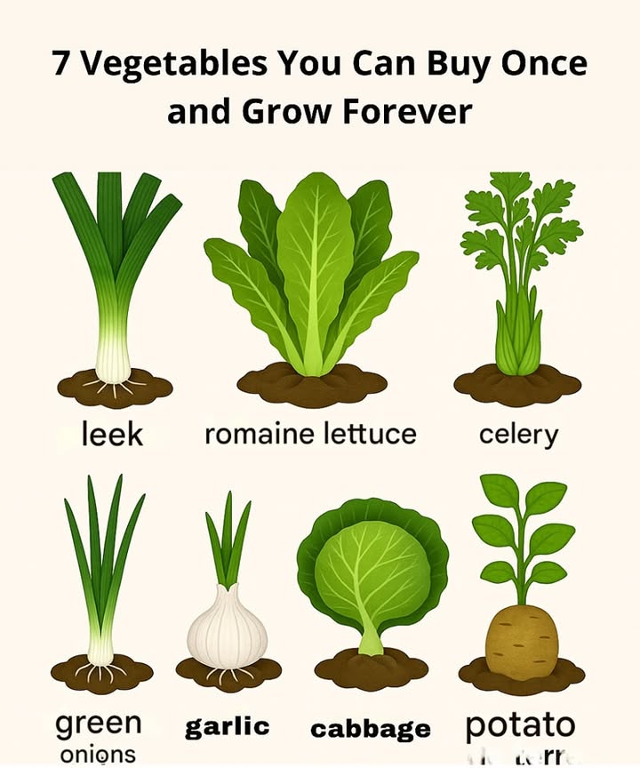 7 Vegetables You Can Buy Once and Regrow Forever

1. Green Onions  Place the white roots in water, and theyll grow back in days.

2. Romaine Lettuce  Keep the base in water, and new leaves will sprout.

3. Celery  Put the bottom part in a bowl of water and watch it regrow.

4. Garlic  Plant a clove in soil; it will grow into a full bulb or tasty greens.

5. Leeks  Like green onions, they regrow easily in water from the root end.

6. Basil  Put a stem in water until it grows roots, then plant it.

7. Potatoes  Plant sprouted pieces, and theyll grow into more potatoes.