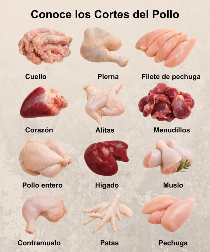 Conoce los cortes del pollo más usados en la cocina

 Cuello  ideal para caldos
 Pierna  jugosa y versátil
 Filete de pechuga  rápido y ligero
 Corazón  perfecto en guisos
 Alitas  irresistibles al horno o fritas
 Menudillos  sabor intenso en sopas
 Pollo entero  asados y celebraciones
 Hígado  nutritivo y sabroso
 Muslo  carnoso y muy jugoso
 Contramuslo  excelente para guisos
 Patas  base para caldos concentrados
 Pechuga  suave y saludable