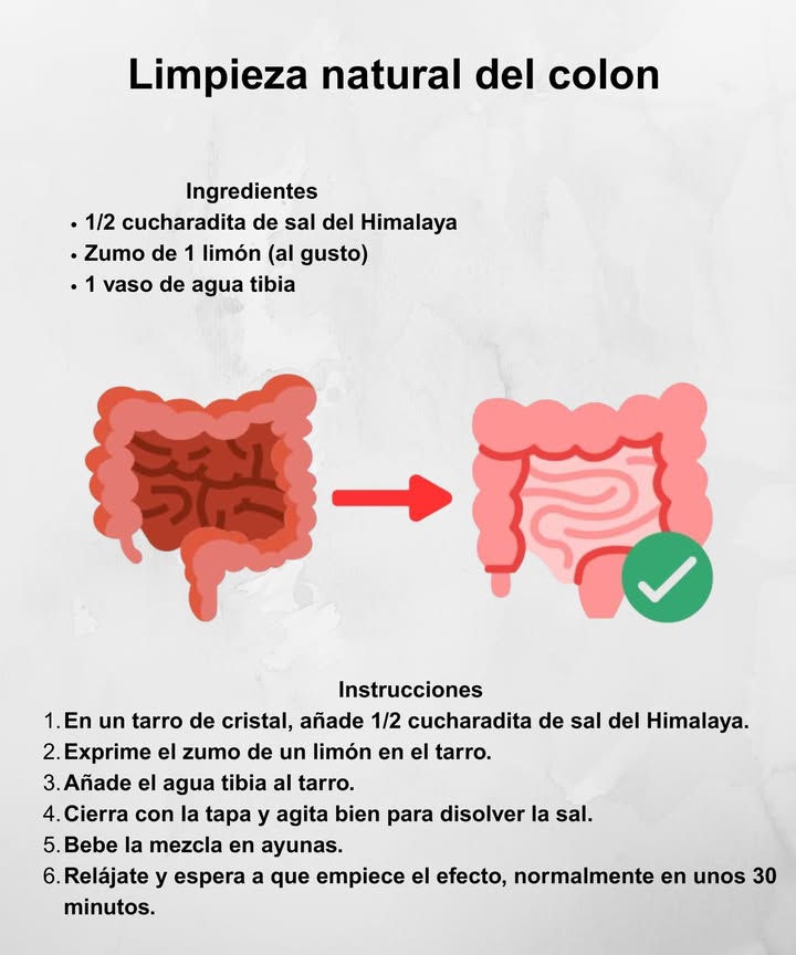 Limpieza natural del colon
Una combinación sencilla y efectiva para favorecer la digestión y el bienestar intestinal.

Ingredientes
 1/2 cucharadita de sal del Himalaya
 Zumo de 1 limón al gusto
 1 vaso de agua tibia

Preparación
1 Coloca la sal del Himalaya en un tarro de cristal.
2 Añade el zumo de limón recién exprimido.
3 Incorpora el agua tibia.
4 Cierra el tarro y agita bien hasta disolver la sal.
5 Bebe en ayunas para potenciar su efecto.
6 Relájate y deja que actúe, normalmente en unos 30 minutos.

 Una rutina sencilla para depurar y sentirte más ligero.