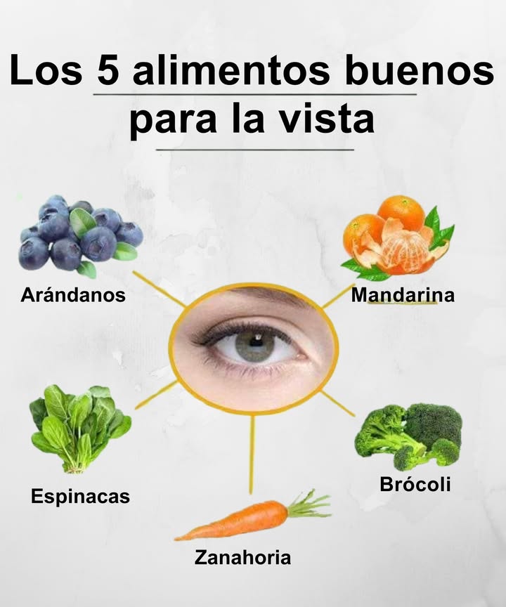 5 alimentos que cuidan tu vista de forma natural

 Arándanos  Ricos en antioxidantes que protegen la retina.
 Mandarina  Fuente de vitamina C para fortalecer los vasos oculares.
 Espinacas  Aportan luteína y zeaxantina para prevenir el daño solar en los ojos.
 Zanahoria  Alta en betacarotenos que favorecen la visión nocturna.
 Brócoli  Protege contra el estrés oxidativo y mejora la salud ocular.

 Inclúyelos en tu dieta para mantener una visión sana y prevenir problemas oculares.