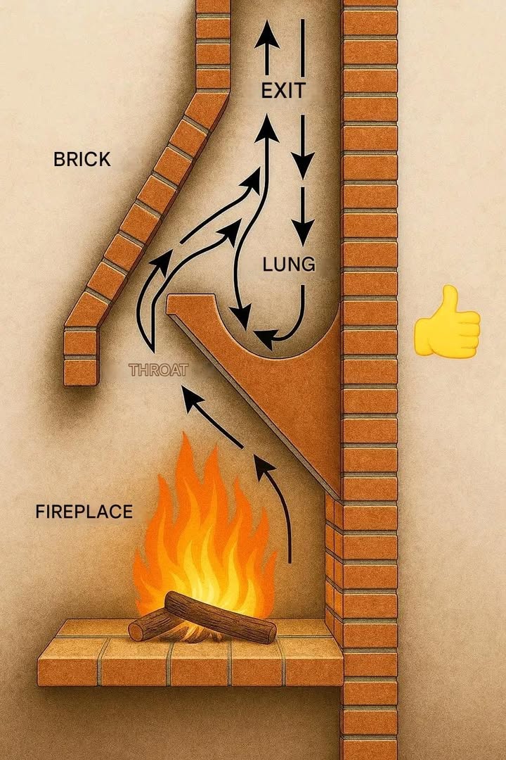 A fireplace is more than just bricks and fire  its inner structure is designed to channel smoke efficiently.

 Firebox: the combustion zone where heat is produced.
 Throat: a narrow passage that guides hot gases upward.
 Smoke chamber “lung”: expands and controls airflow, preventing smoke from backing up.
 Flue: the vertical shaft that vents smoke outside.
 Firebrick: retains heat and protects the inner walls.

 Proper ventilation and smart design prevent smoke from entering the home and boost heat efficiency.
 Knowing how warm air flows is key to building a safe, effective fireplace.